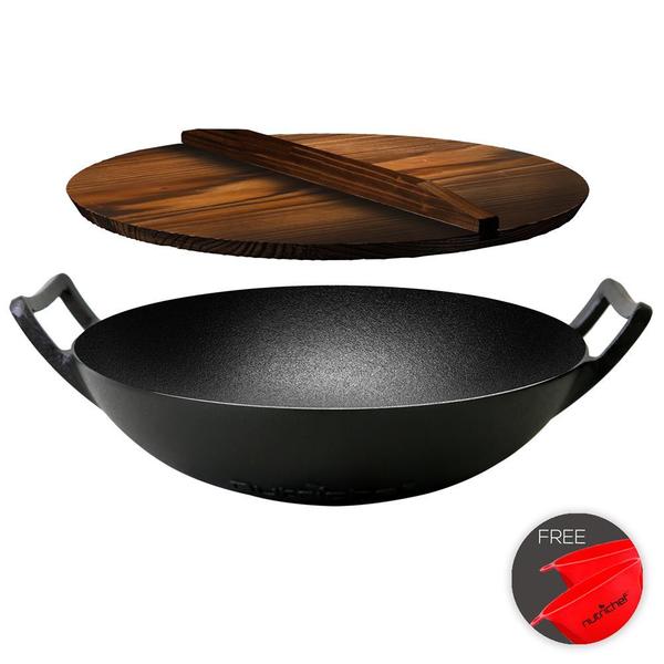 Nutrichef Pre-Seasoned Cooking Wok - Cast Iron Stir Fry Wok With Wooden Lid NCCIWOK60